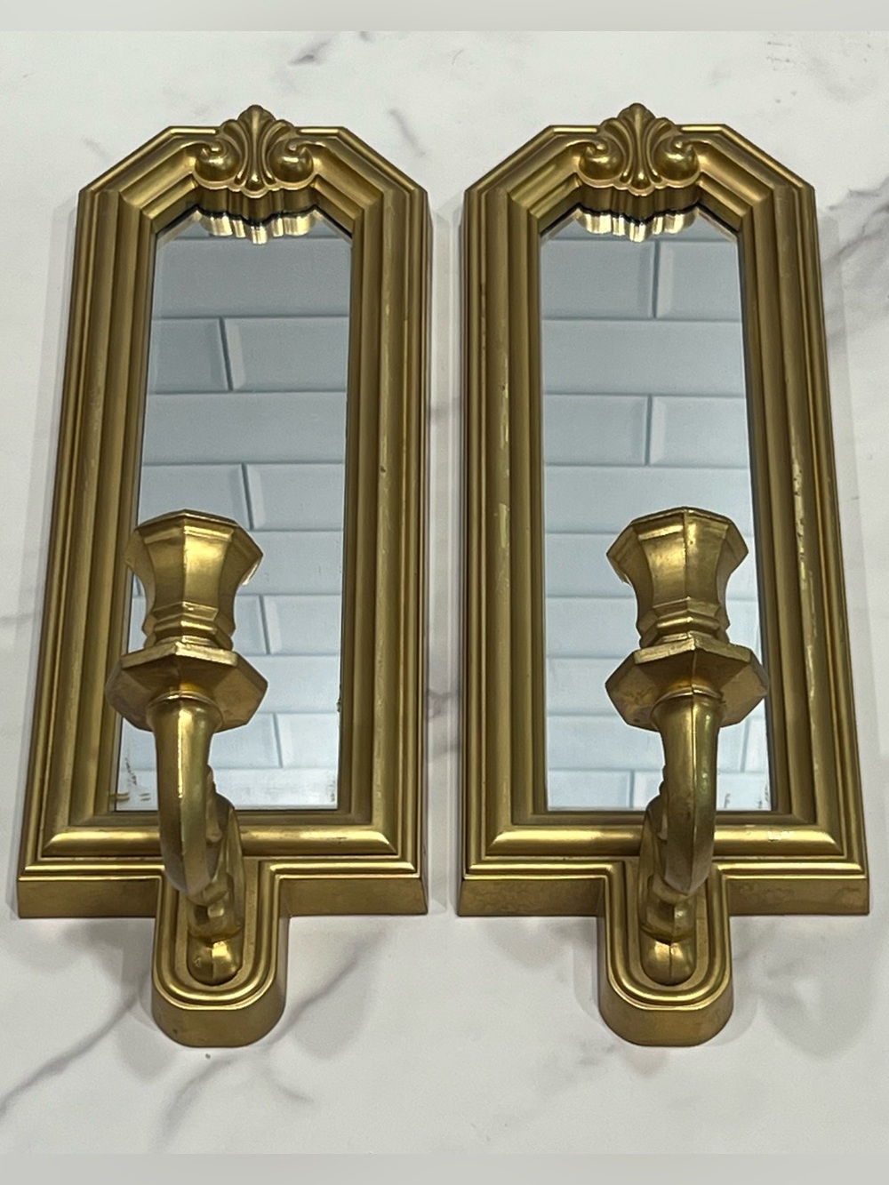 Vintage Hollywood Regency Gold Mirror Candle Wall Sconce Set MCM Home Decor